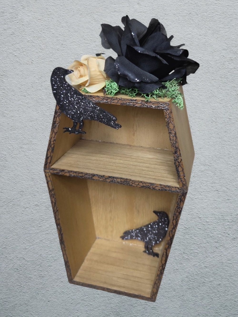OOAK Raven Crow Glitter Coffin Shelf With Roses Wall Decor Tabletop 10" Tall